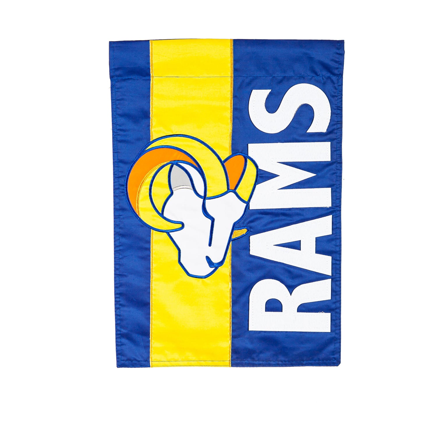Los Angeles Rams Embellished Garden Flag with blue field, yellow stripe and RAMS lettering on Tampa Home & Garden Store