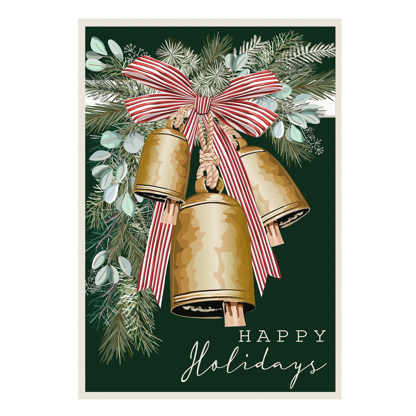 Golden bells applique house flag with red striped ribbon and evergreen sprigs, holiday on Tampa Home & Garden Store