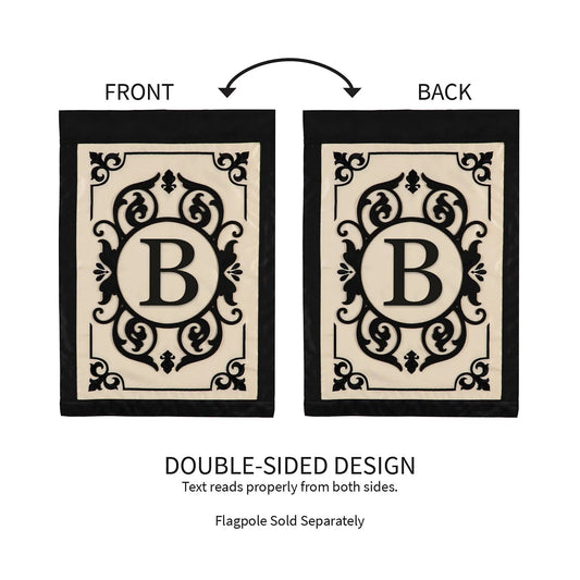 Cambridge Monogram Applique Flag B by Evergreen Enterprises, beige flag with black frame, on Tampa Home & Garden Store