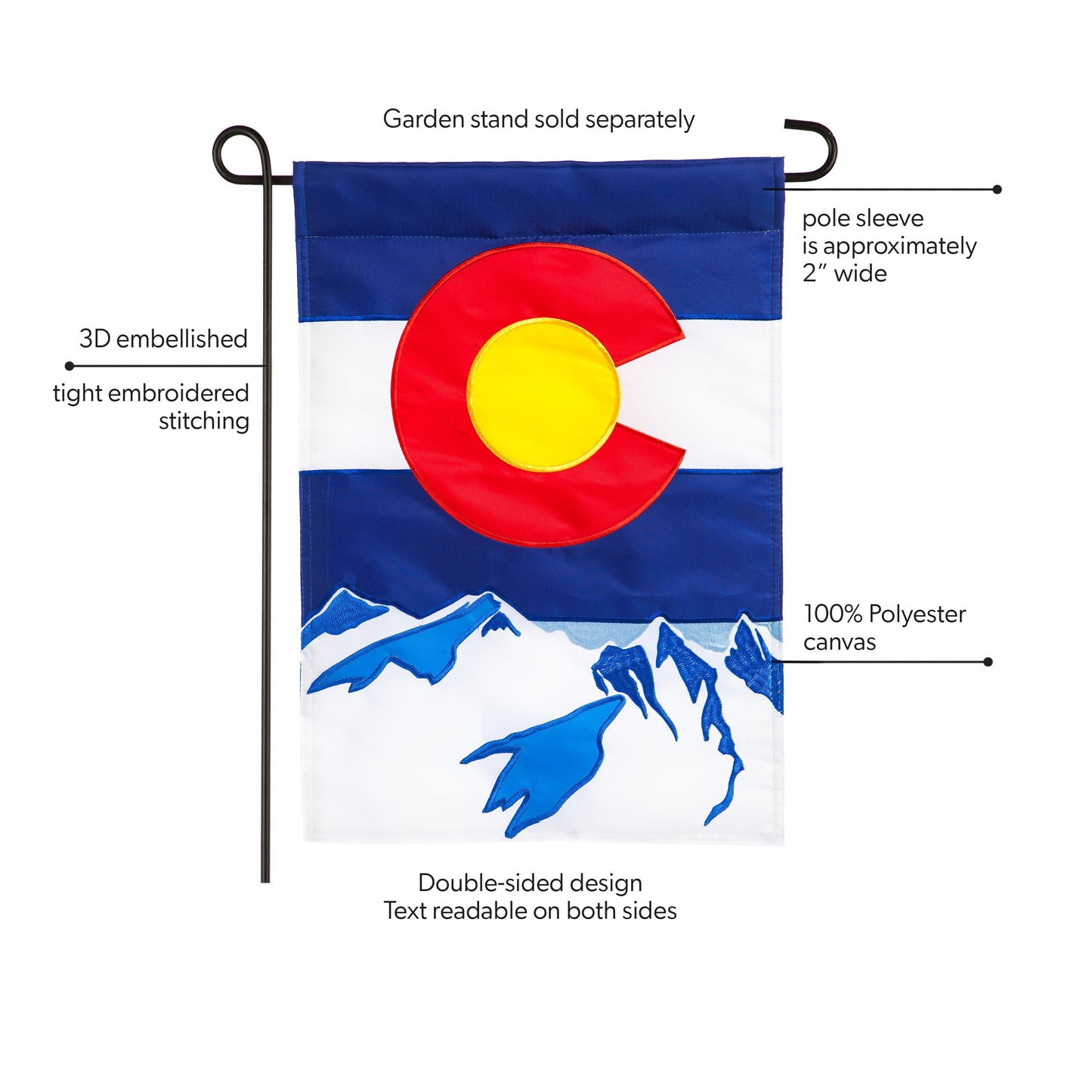 Colorado State Garden Applique Flag with red C and yellow disk over mountains Evergreen on Tampa Home & Garden Store