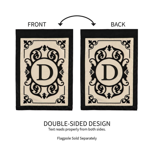 Cambridge Monogram Garden Applique Flag Letter D black ornate D on ivory panels Evergreen on Tampa Home & Garden Store