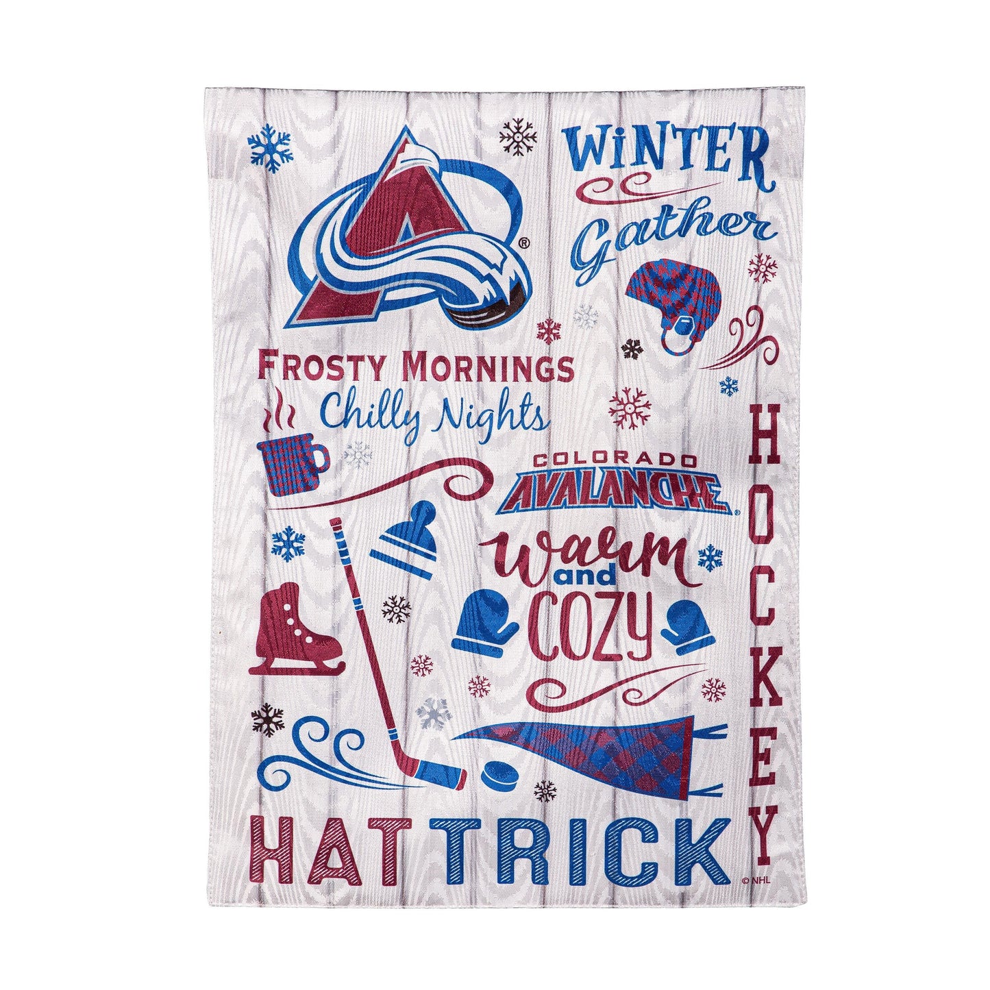 Colorado Avalanche moire flag with blue and red team logo on a frosty wood panel backdrop on Tampa Home & Garden Store