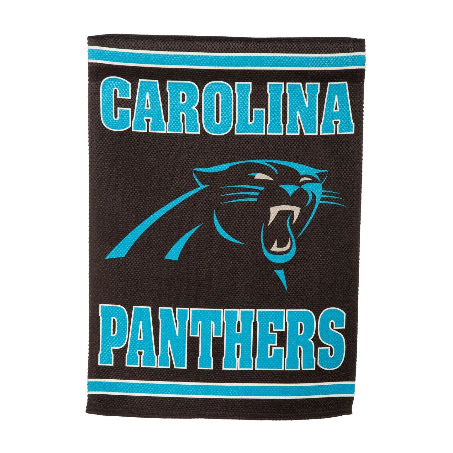 Carolina Panthers embossed suede flag, black with turquoise lettering, GDN size on Tampa Home & Garden Store
