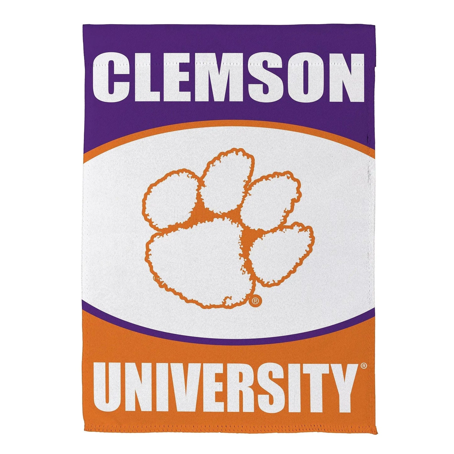 Clemson University suede flag for home in purple with white lettering and orange trim on Tampa Home & Garden Store
