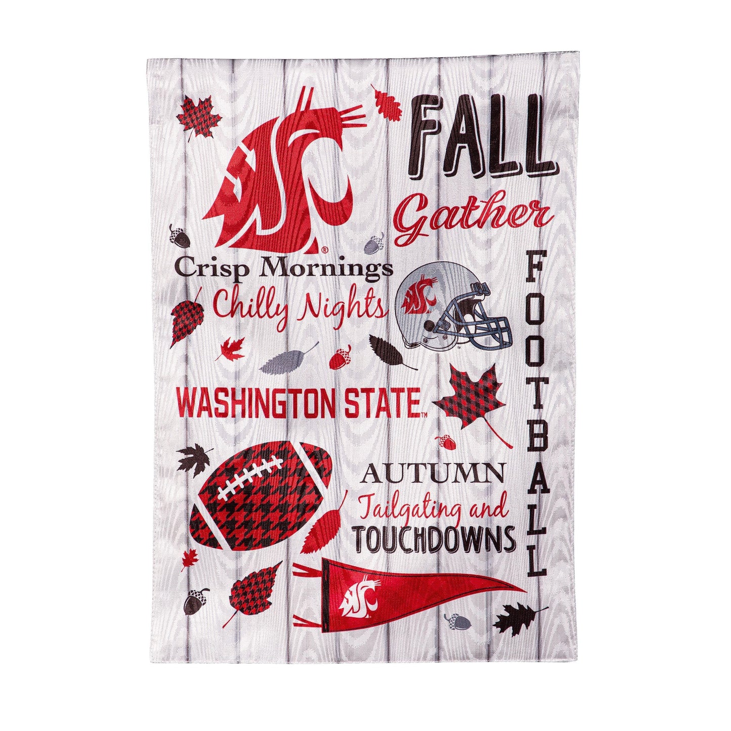 Moire flag Washington State University fall design with WSU logo and football helmet on wood on Tampa Home & Garden Store