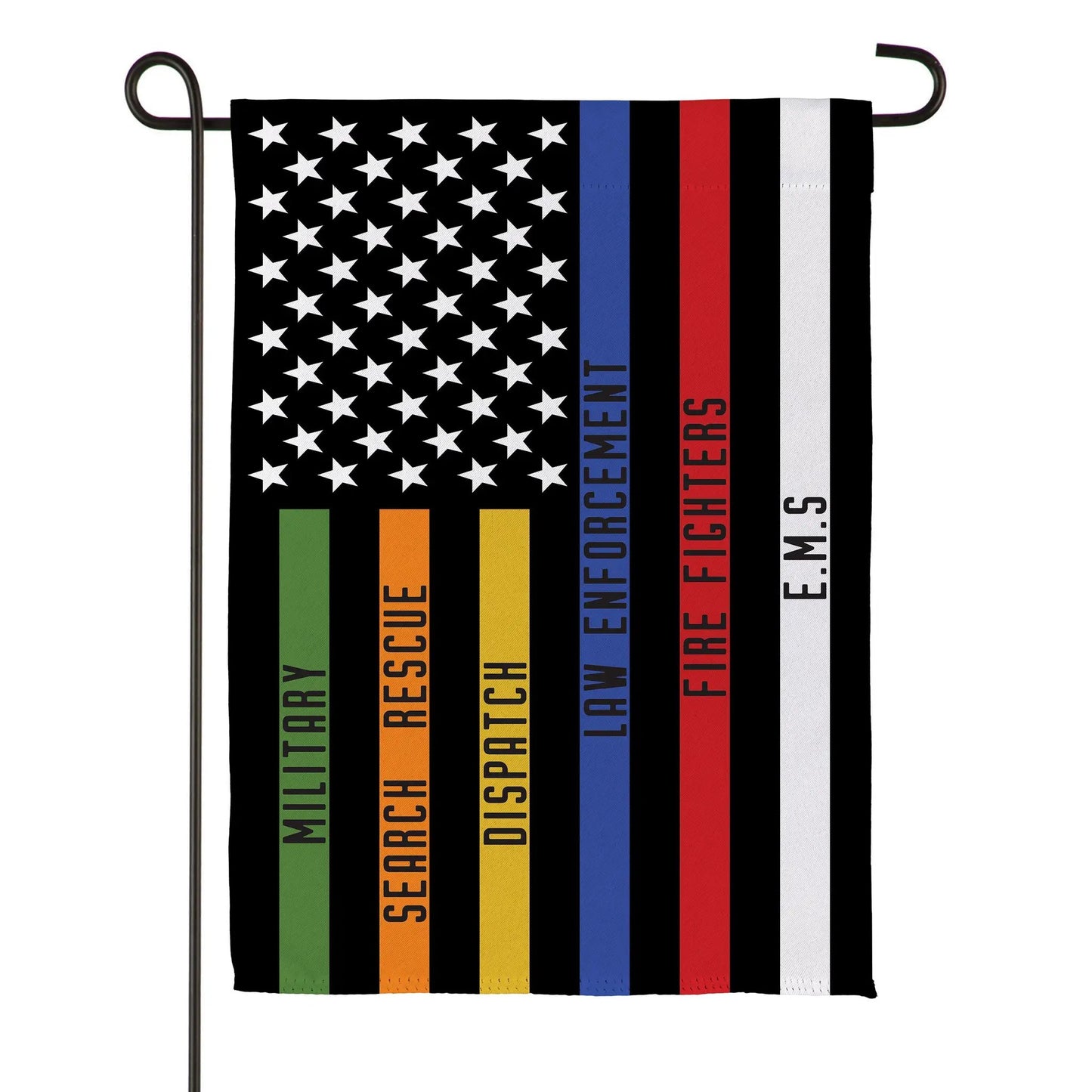Responders Thin Line Garden Suede Flag black field with white stars and multicolor stripes on Tampa Home & Garden Store
