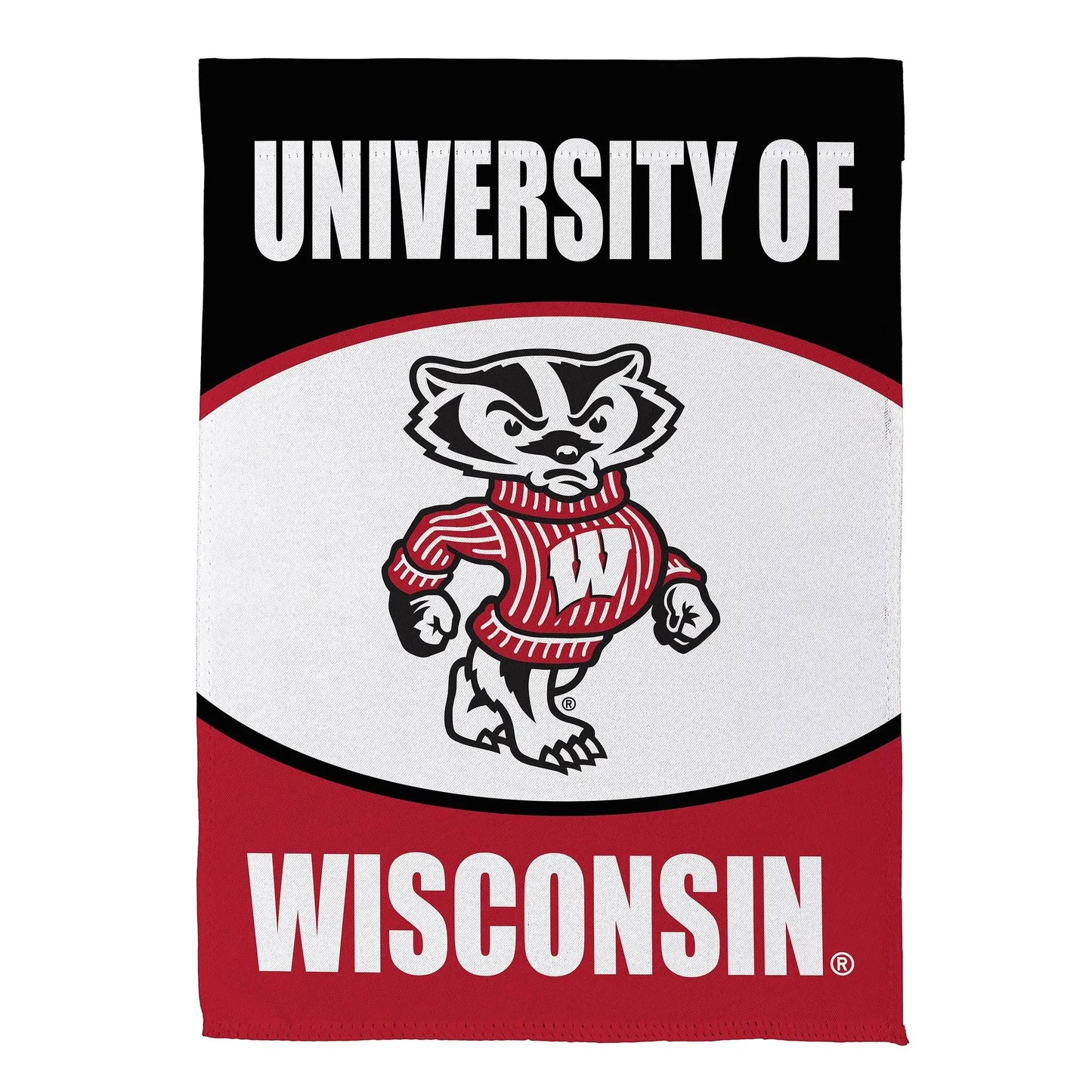 Wisconsin Badgers suede flag with mascot and bold UNIVERSITY OF WISCONSIN lettering on Tampa Home & Garden Store