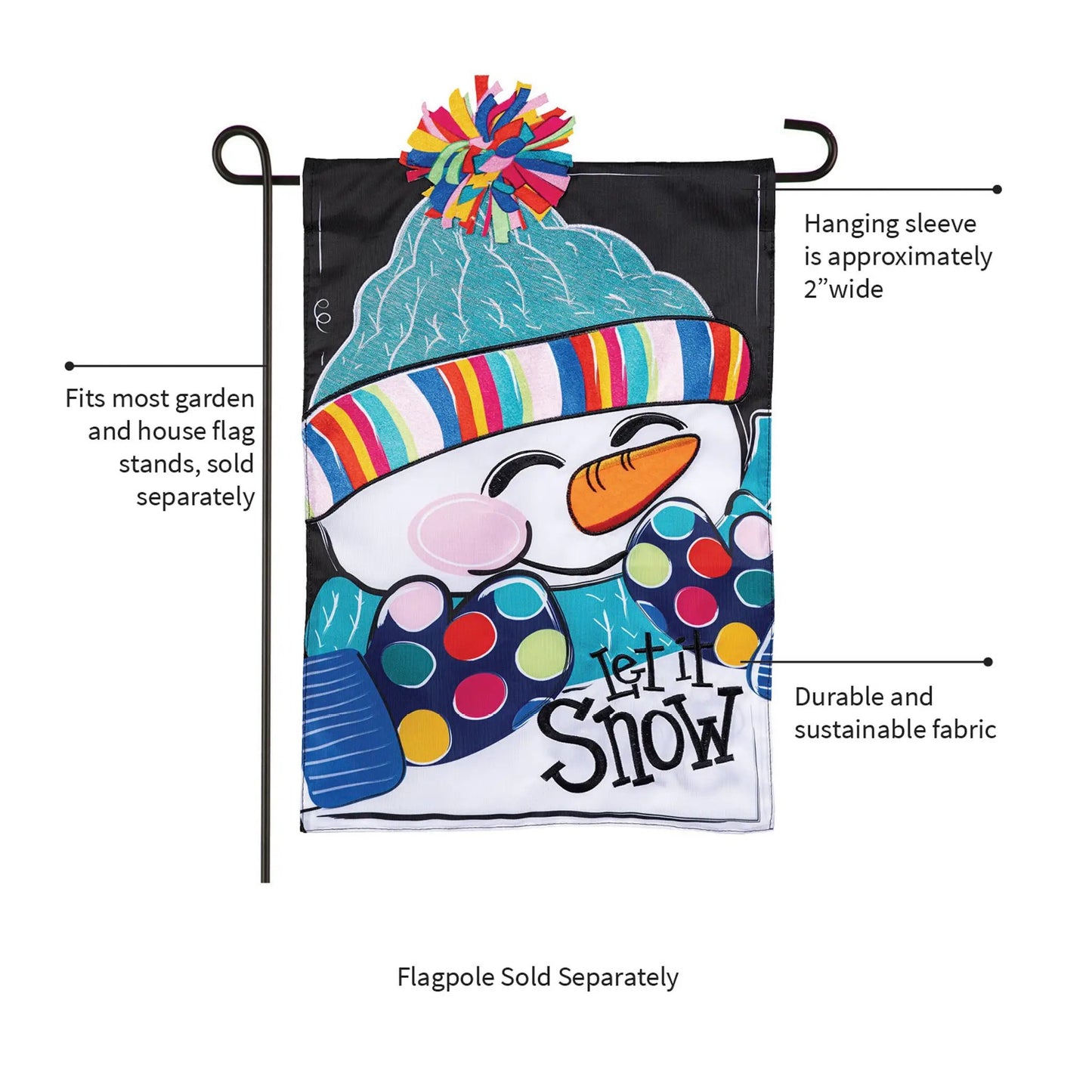 Let It Snow Man Applique Garden Flag with colorful bow and striped scarf on Tampa Home & Garden Store