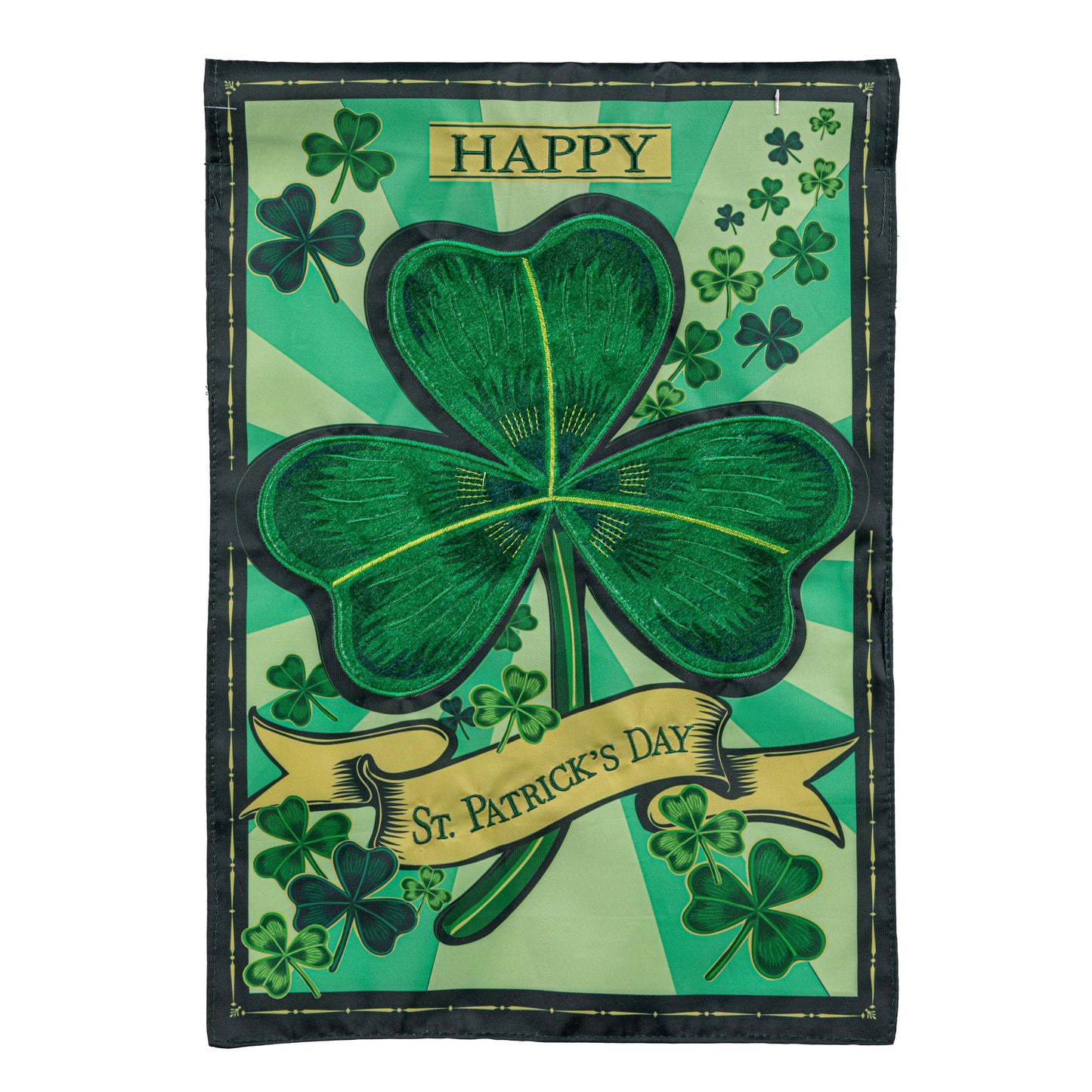 St Patrick's Day Shamrock Applique Garden Flag with green shamrock and clover, black border on Tampa Home & Garden Store