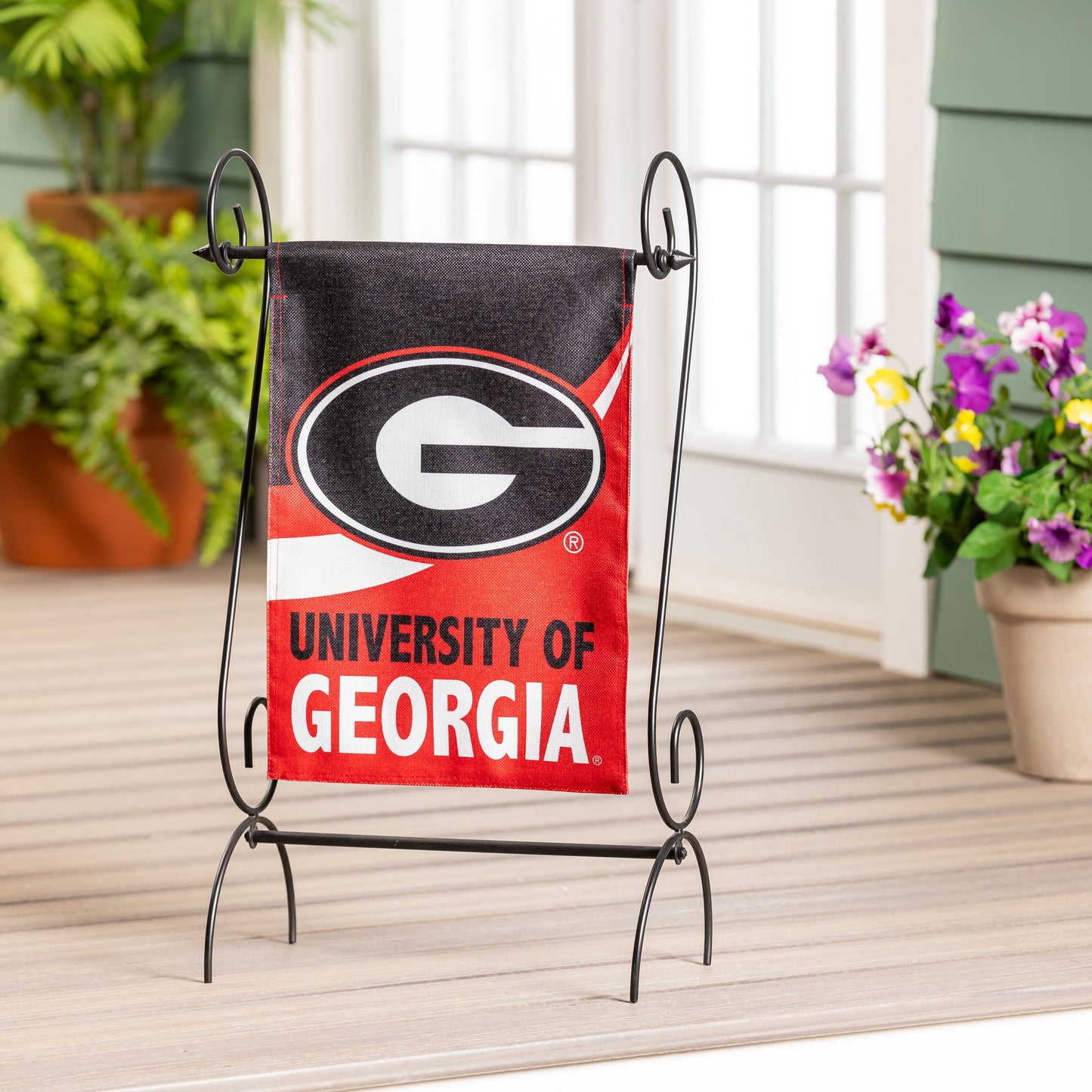 Burlap flag University of Georgia G logo, red black white design on metal stand on Tampa Home & Garden Store