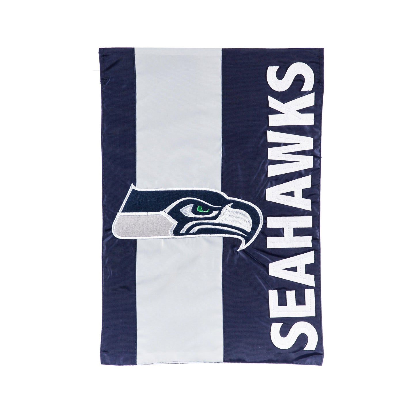 Applique Seattle Seahawks garden flag in navy blue with SEAHAWKS lettering and hawk emblem on Tampa Home & Garden Store