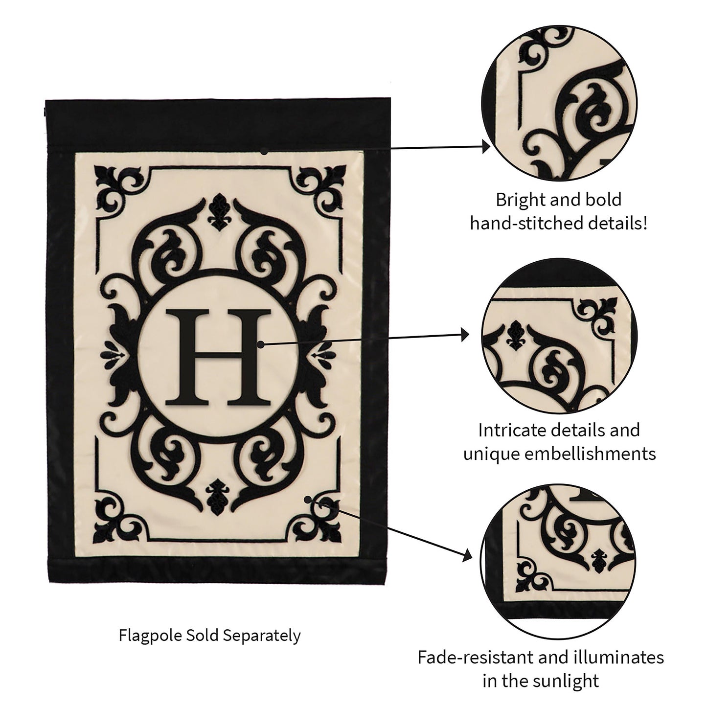 Cambridge Monogram Garden Applique Flag Letter H cream with Evergreen Enterprises monogram on black border on Tampa Home & Garden Store