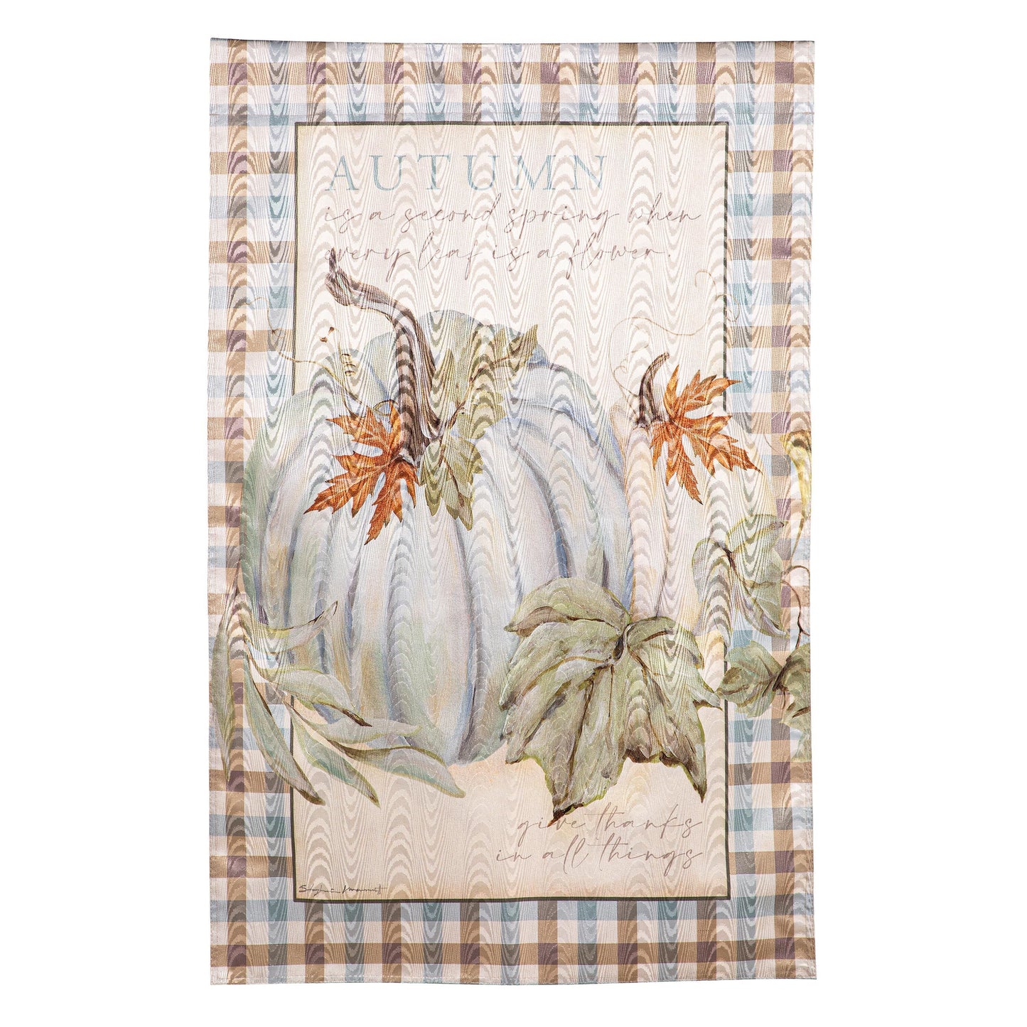 Autumn Harvest Moire House Flag with wood-textured center, blue AUTUMN, fall leaves on Tampa Home & Garden Store