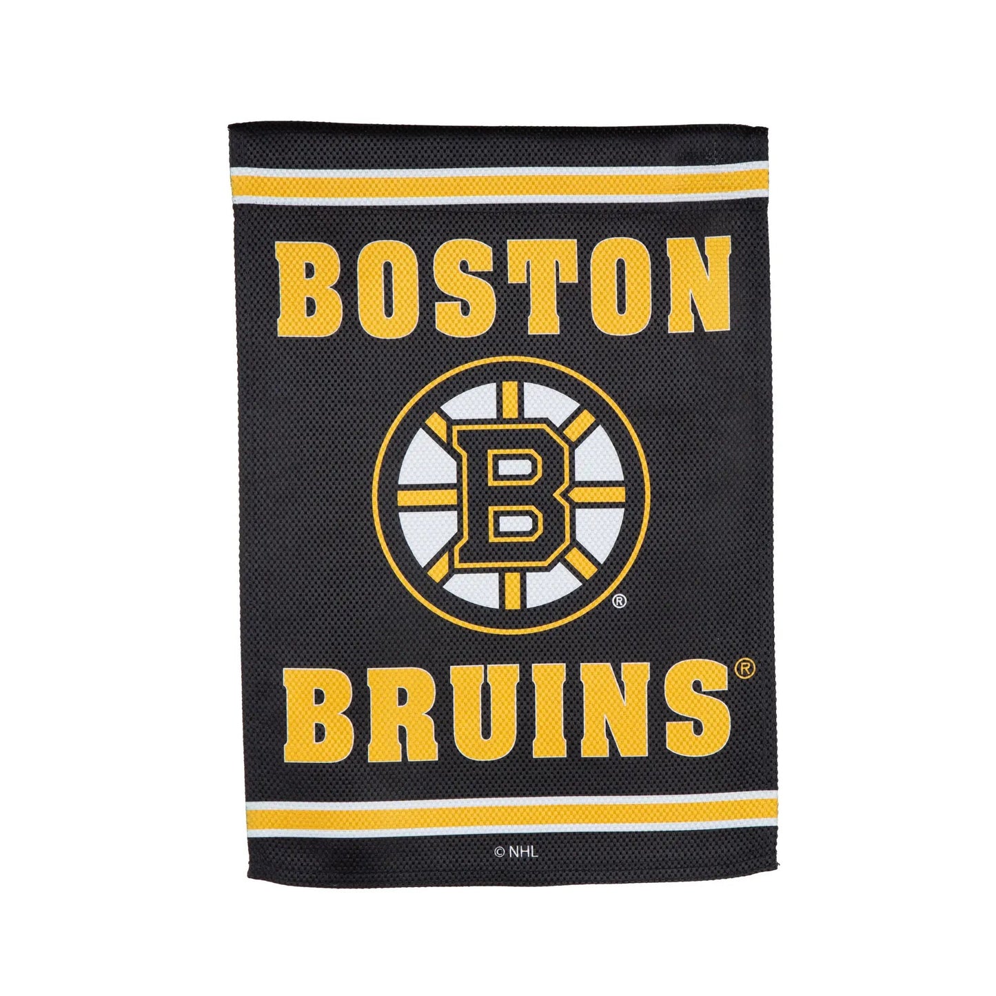 Boston Bruins embossed suede flag garden size with yellow lettering and Bruins logo on Tampa Home & Garden Store
