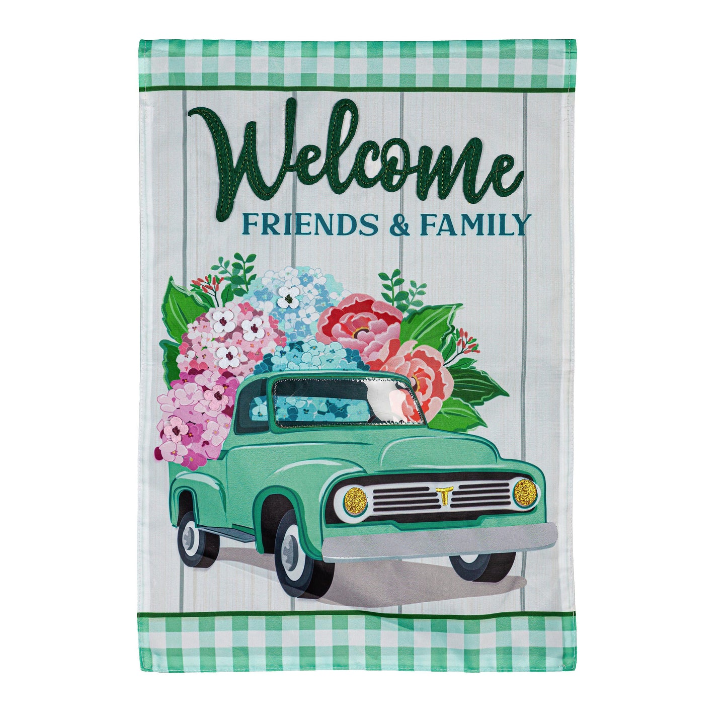 Spring Flower Delivery House Applique Flag with green truck and bouquet Welcome Friends & Family on Tampa Home & Garden Store