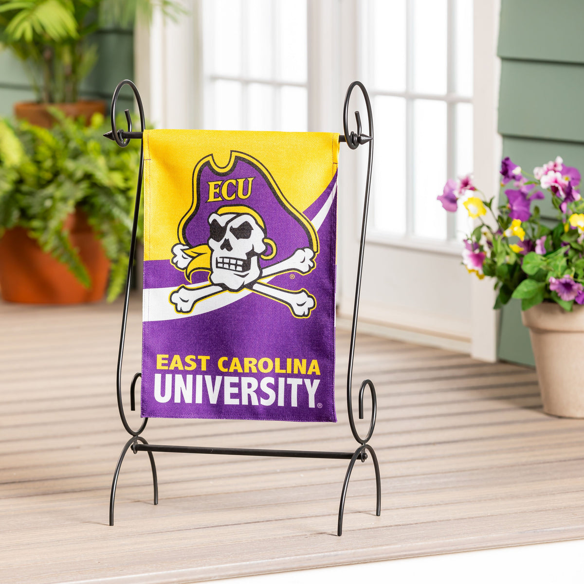 East Carolina University burlap garden flag with purple and gold pirate skull design on Tampa Home & Garden Store
