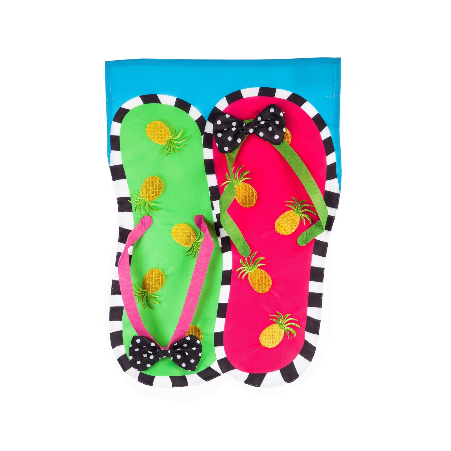 Pineapple flip flops garden applique flag with green and pink flip flops on blue background on Tampa Home & Garden Store