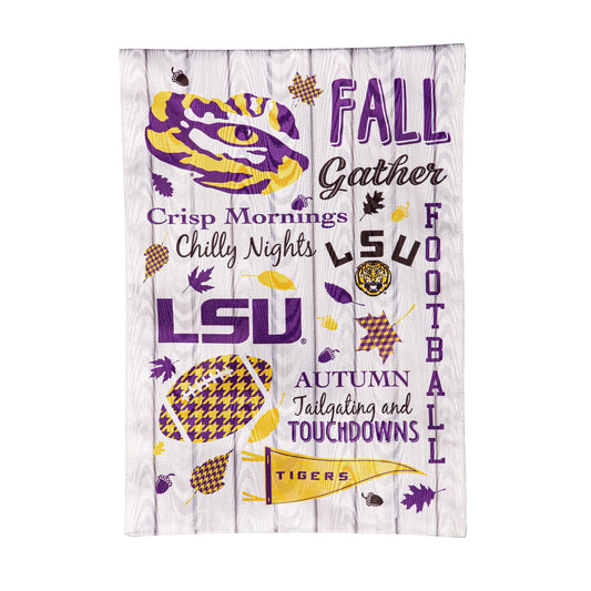 Louisiana State University Moire Flag with purple/gold LSU tiger on wood plank background on Tampa Home & Garden Store