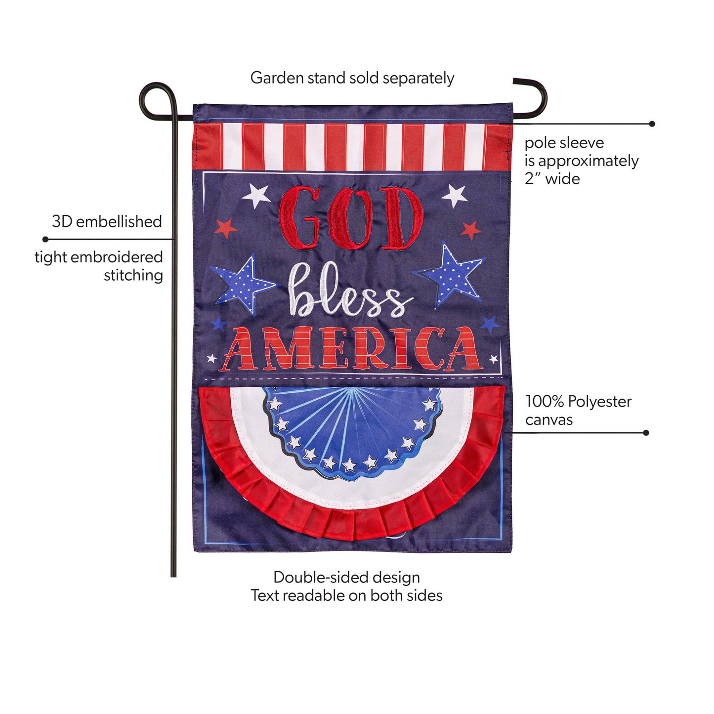 Patriotic God Bless America applique garden flag, double-sided with red stripes and navy field on Tampa Home & Garden Store
