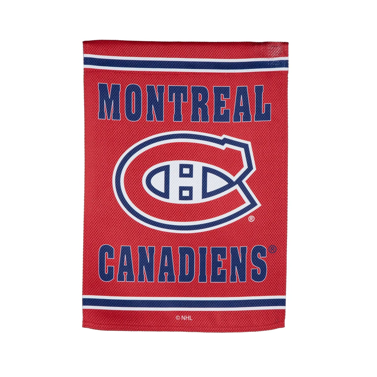 Embossed suede flag Montreal Canadiens GDN size with NHL logo on red background on Tampa Home & Garden Store