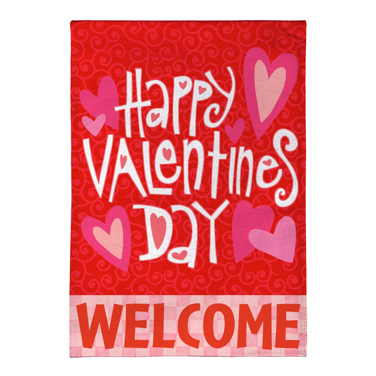 Happy Valentine's Day Welcome Burlap House Flag red burlap with pink hearts Evergreen on Tampa Home & Garden Store