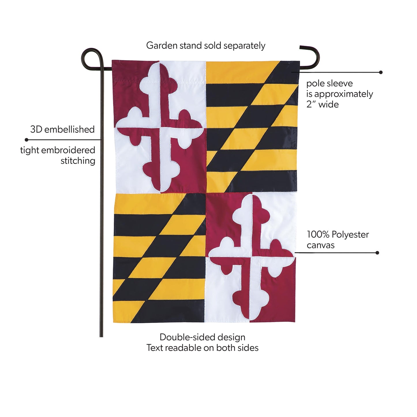 Maryland state flag garden applique flag with red/white cross bottony and yellow/black diagonals on Tampa Home & Garden Store