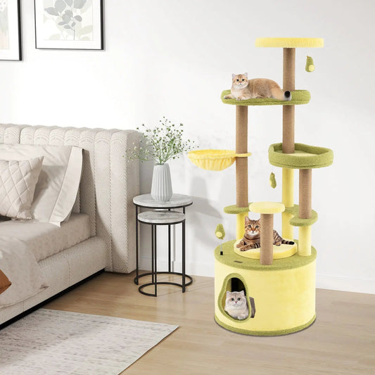 Avocado Cat Tree with Private Condo in green plush and yellow accents, multi-level sisal posts on Tampa Home & Garden Store