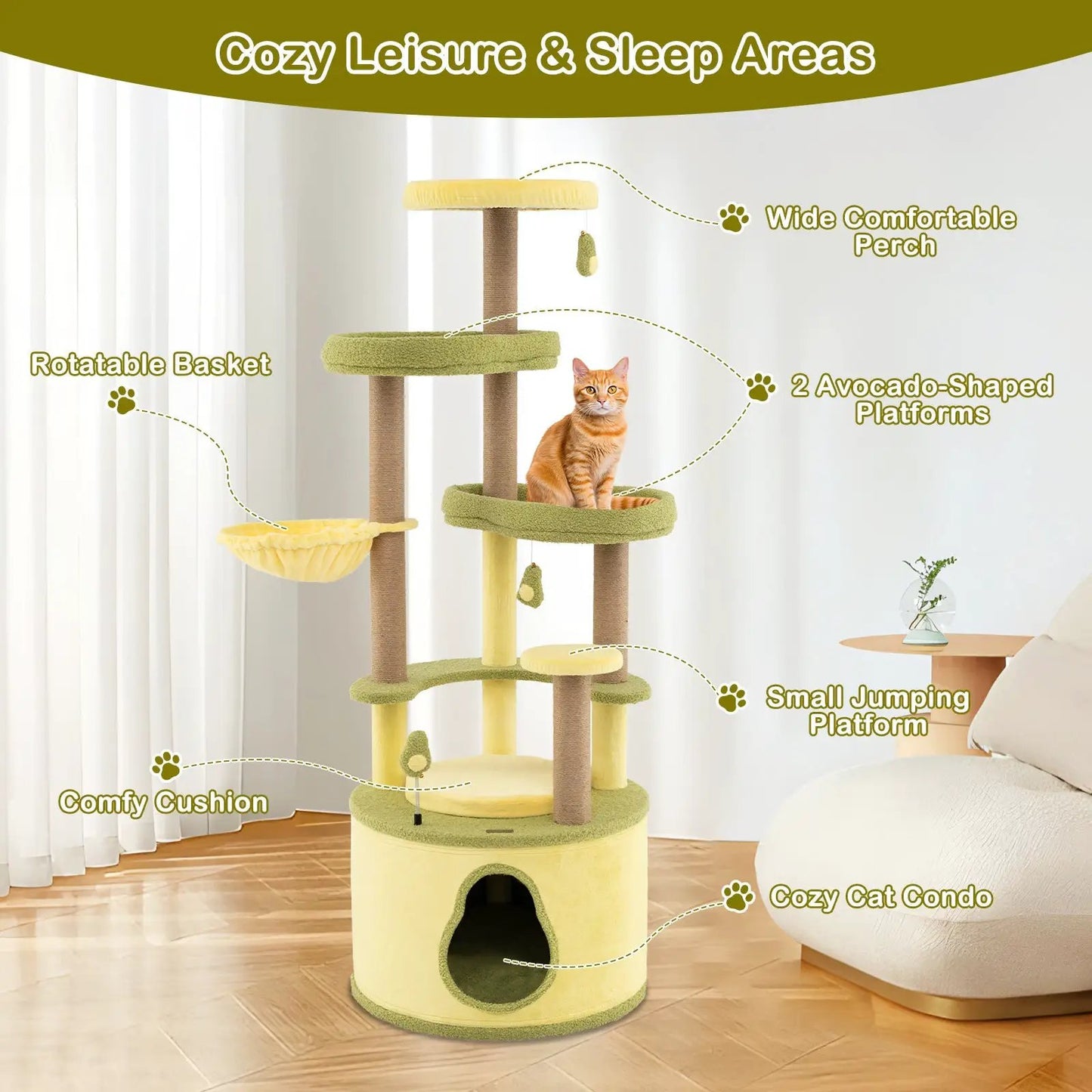 Avocado Cat Tree with private condo, 2 avocado-shaped green platforms, yellow perch DirectDeals on Tampa Home & Garden Store