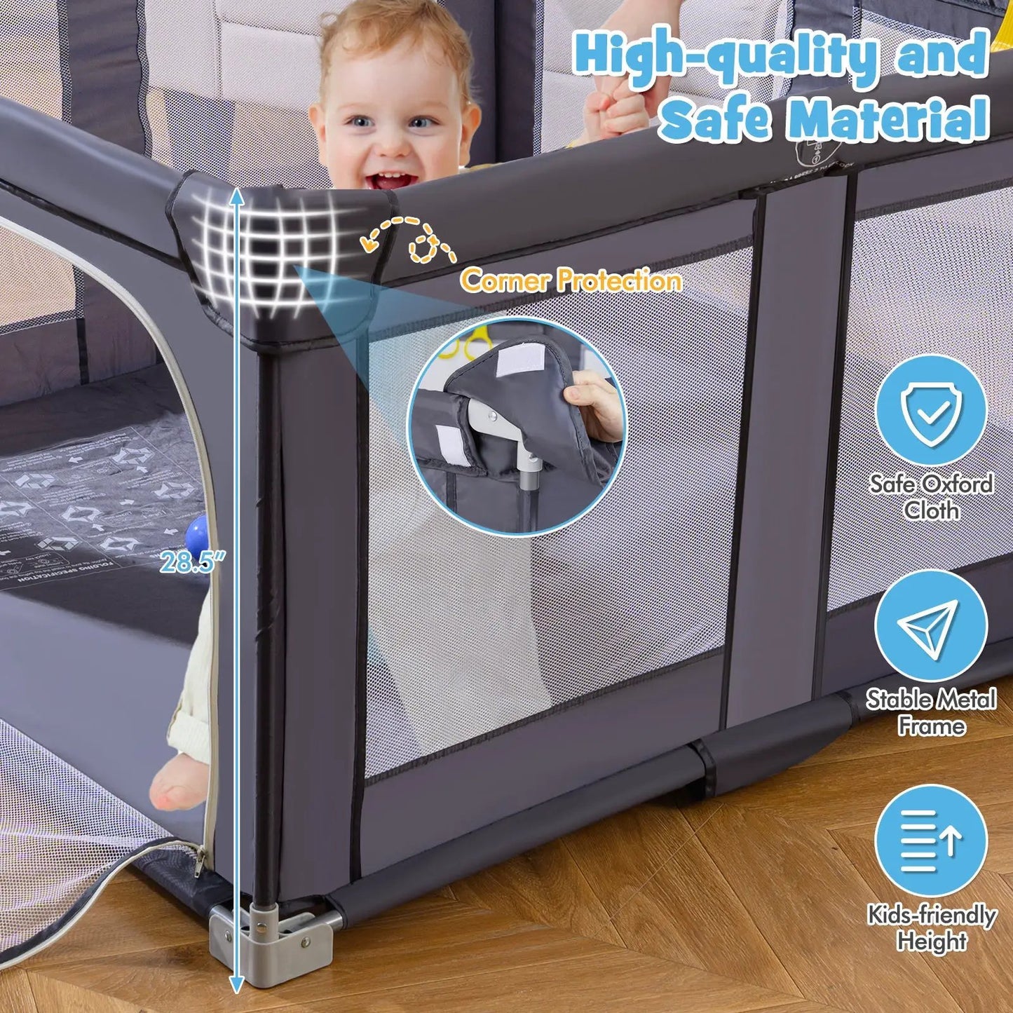 Large baby playpen foldable BPA-free dark gray play yard with mesh sides and sturdy frame 28.5in on Tampa Home & Garden Store