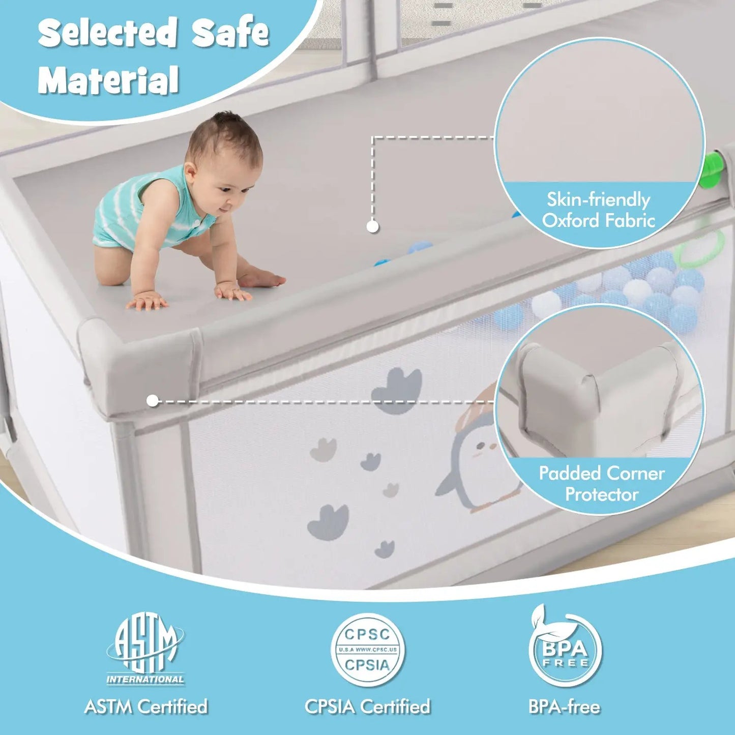 Large Baby Playpen DirectDeals with pull rings and ocean balls, light gray play yard on Tampa Home & Garden Store