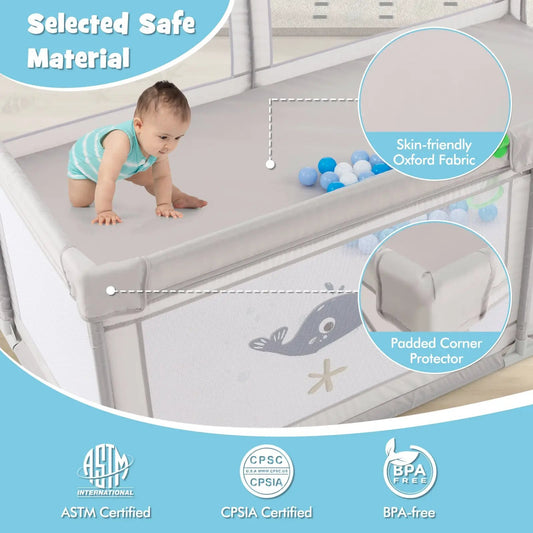 Large Baby Playpen with Pull Rings and Ocean Balls, gray Oxford fabric DirectDeals on Tampa Home & Garden Store