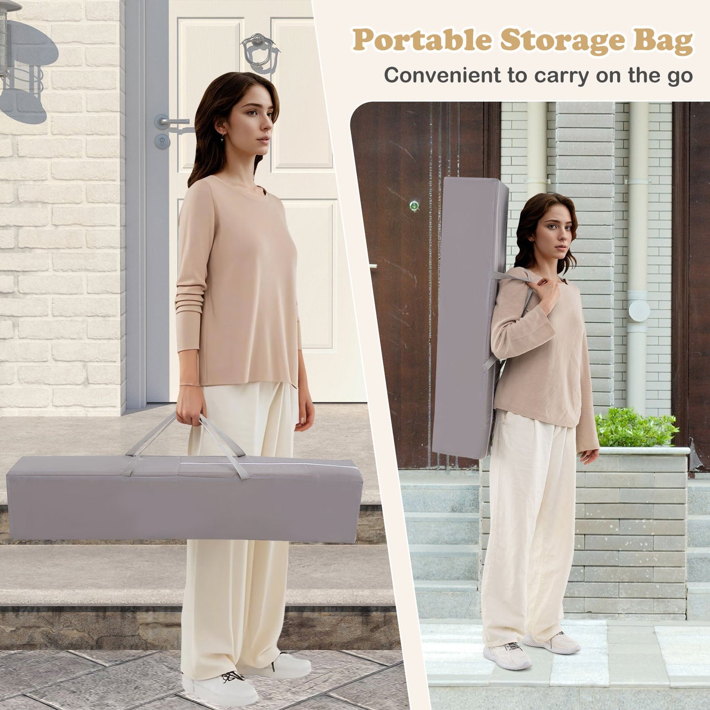 Gray portable storage bag with carrying straps carried by a woman in beige outfit on Tampa Home & Garden Store