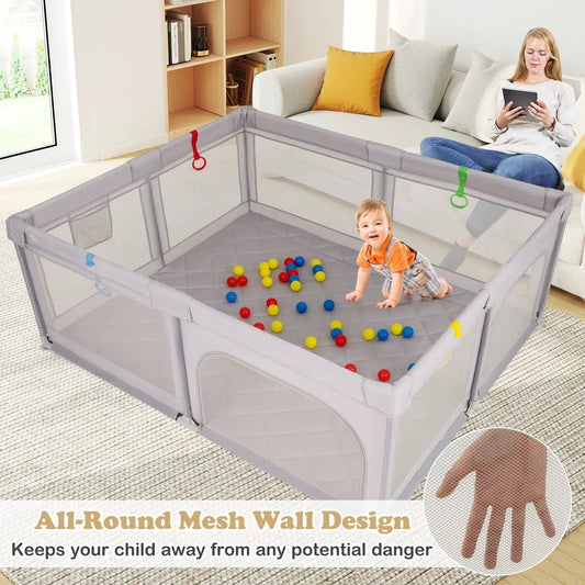 Baby Playpen with gray mesh walls, red/green pull rings, and ocean ball pit on Tampa Home & Garden Store