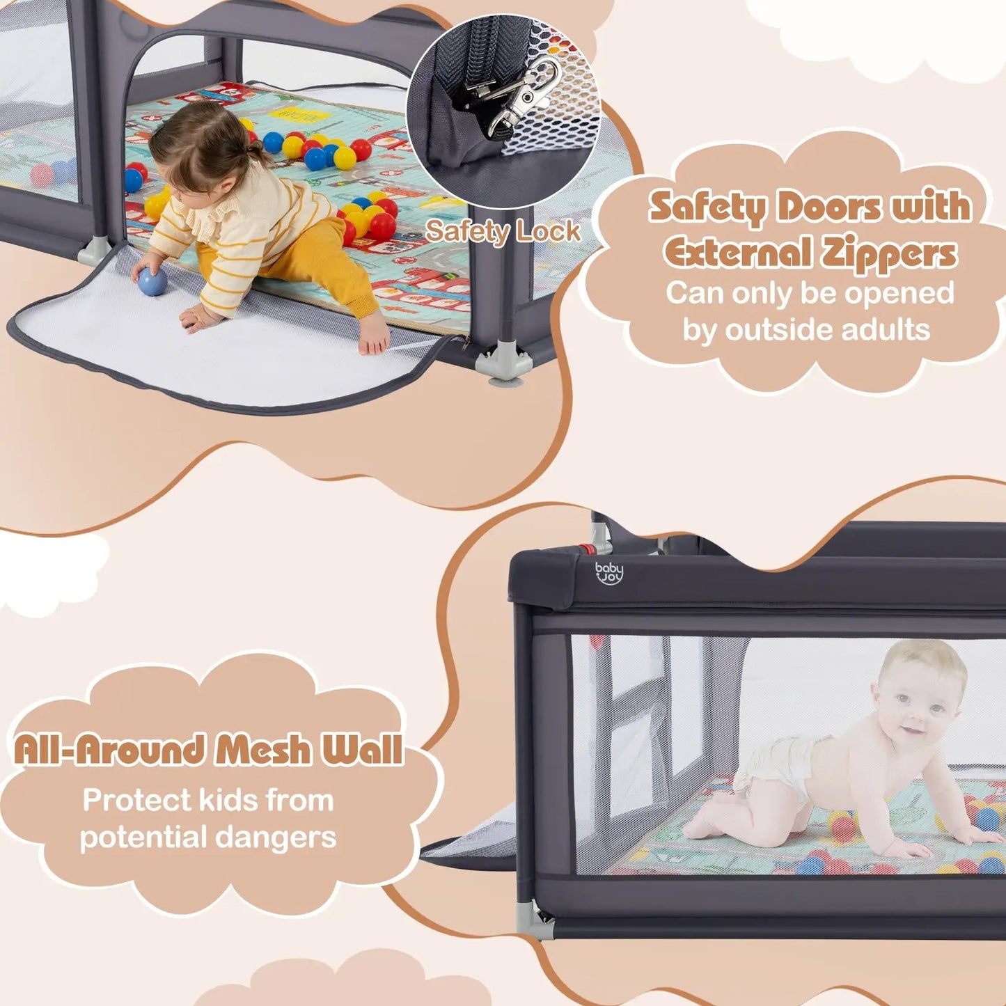 Large Baby Playpen with Mat and Ocean Balls, frame, mesh walls, zipper doors DirectDeals on Tampa Home & Garden Store