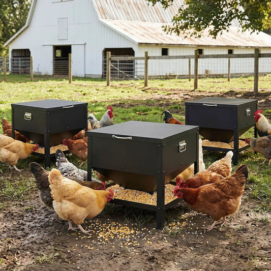 Large capacity chicken feeder DirectDeals with openable lid, 3 black metal feeders among chickens on Tampa Home & Garden Store