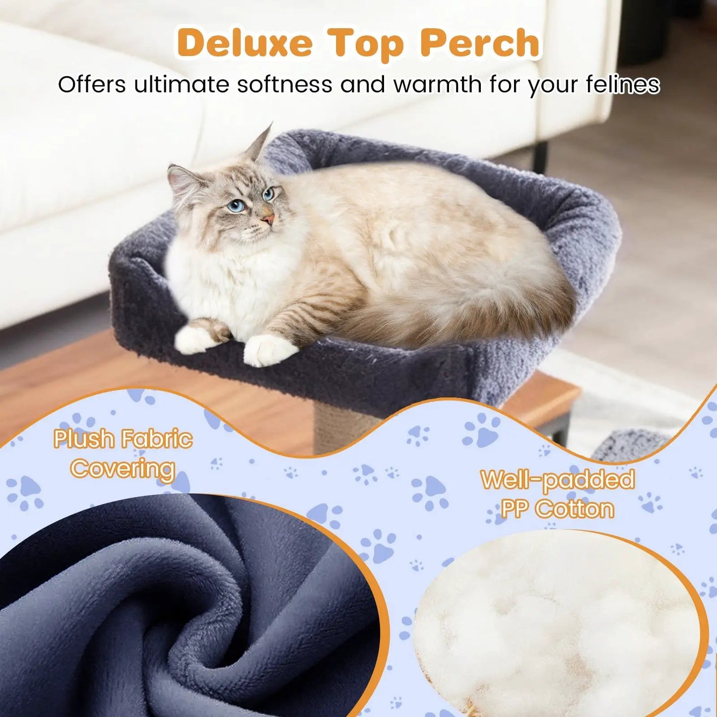 Large Indoor Cat Tree Tower 63 Inch Tall with plush gray bed and lounging cat on Tampa Home & Garden Store