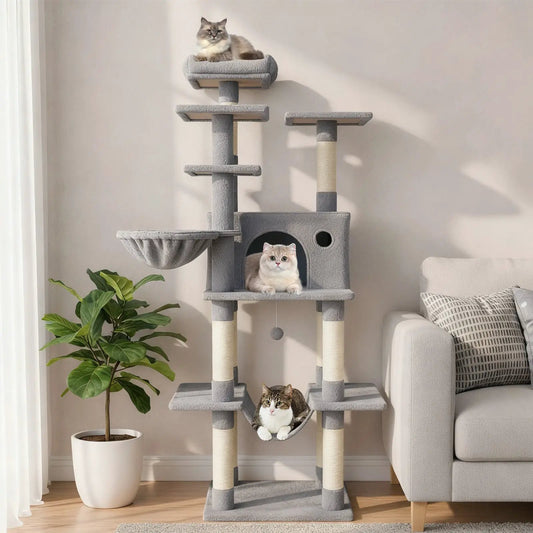 Large Indoor Cat Tree Tower 63 in gray plush posts with beige sisal wrapping DirectDeals on Tampa Home & Garden Store