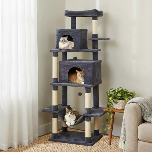Large cat tree in charcoal fabric with beige sisal posts, 70-inch tall with cubbies; three cats on Tampa Home & Garden Store