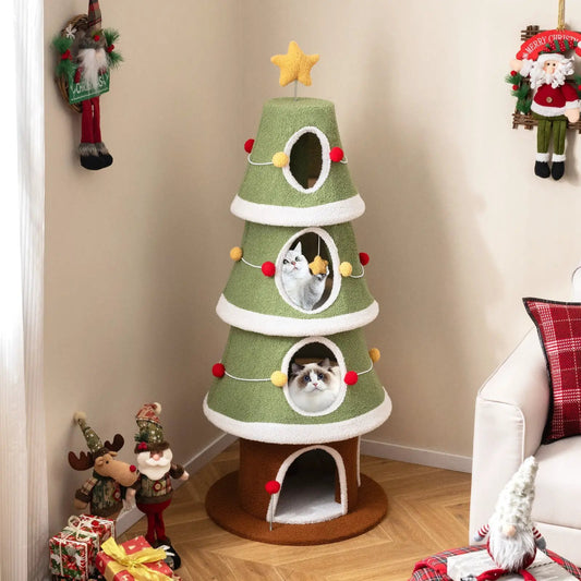 Large Christmas Cat Tree 61 Inch, green 3-tier condo tower with round openings on Tampa Home & Garden Store