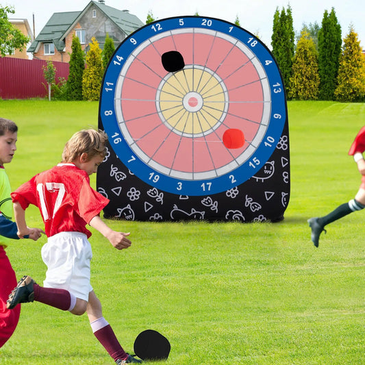 Large Dart Board for Kids with 4 Kick Balls, blue rim, pink target, yellow center, DirectDeals on Tampa Home & Garden Store