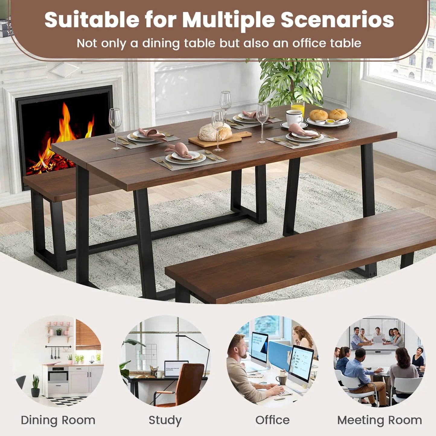 DirectDeals large coffee brown dining table with heavy-duty black metal frame and benches on Tampa Home & Garden Store