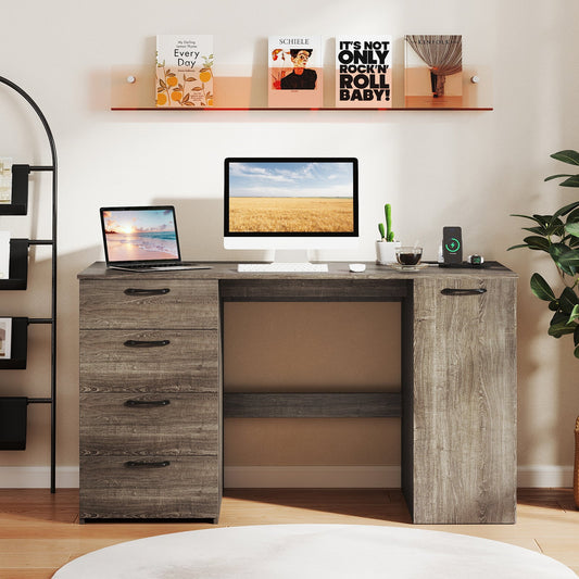 53 Inches Computer Desk with Power Outlets and 4 Storage Drawers-Gray - Tampa Home & Garden Store