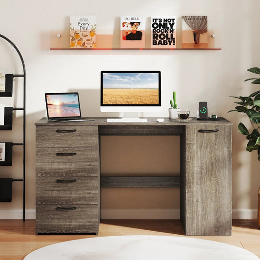 53-Inch computer desk with power outlets in gray wood finish, laptop and monitor on Tampa Home & Garden Store