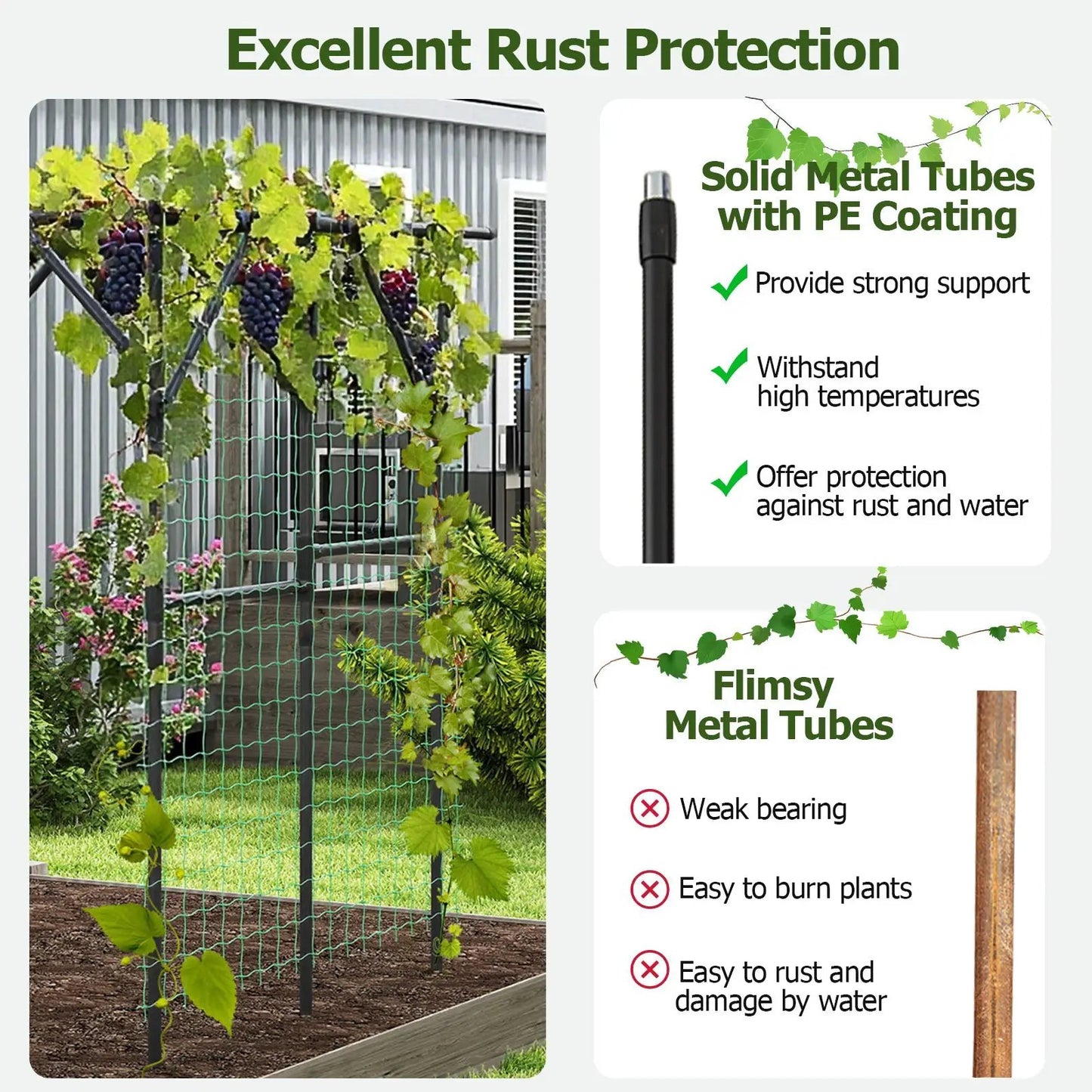 Large garden arch trellis for climbing plants with dark metal tubes and green mesh DirectDeals on Tampa Home & Garden Store