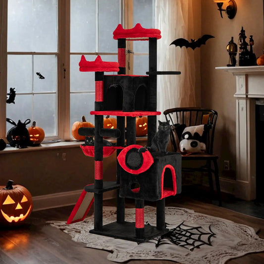 Gothic Cat Tree with cat condos and plush red platforms in black and red on Tampa Home & Garden Store