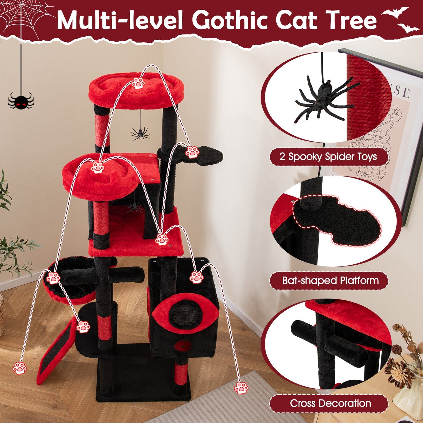 Gothic Cat Tree with Cat Condos and Plush Red and Black Perches with 2 Spooky Spider Toys on Tampa Home & Garden Store