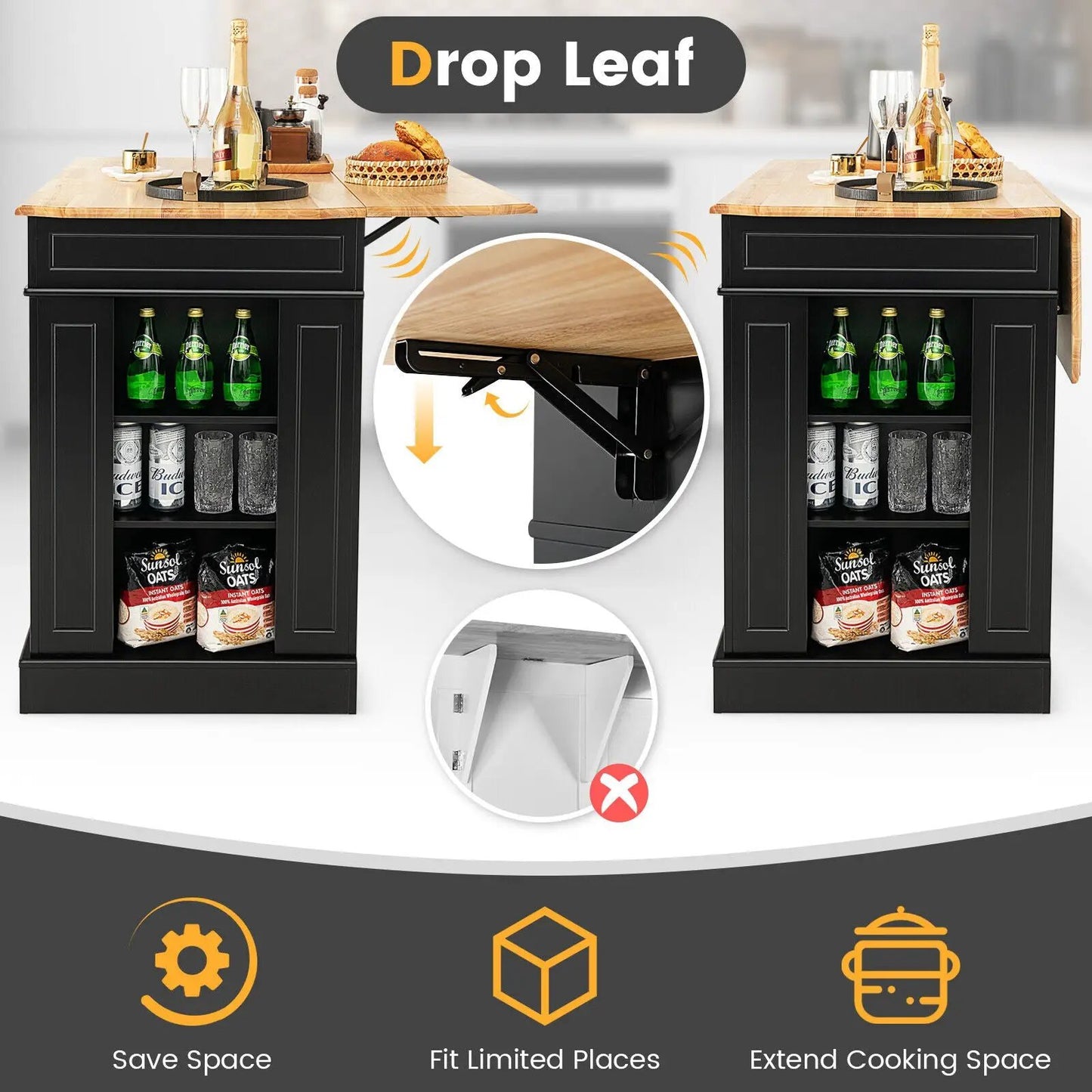 Kitchen Island with Adjustable Shelves by DirectDeals, black base, natural wood top, 2 islands on Tampa Home & Garden Store