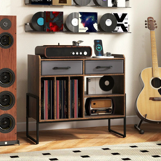 Large record player stand with charging station in dark wood, two gray fabric drawers, vinyl rack on Tampa Home & Garden Store
