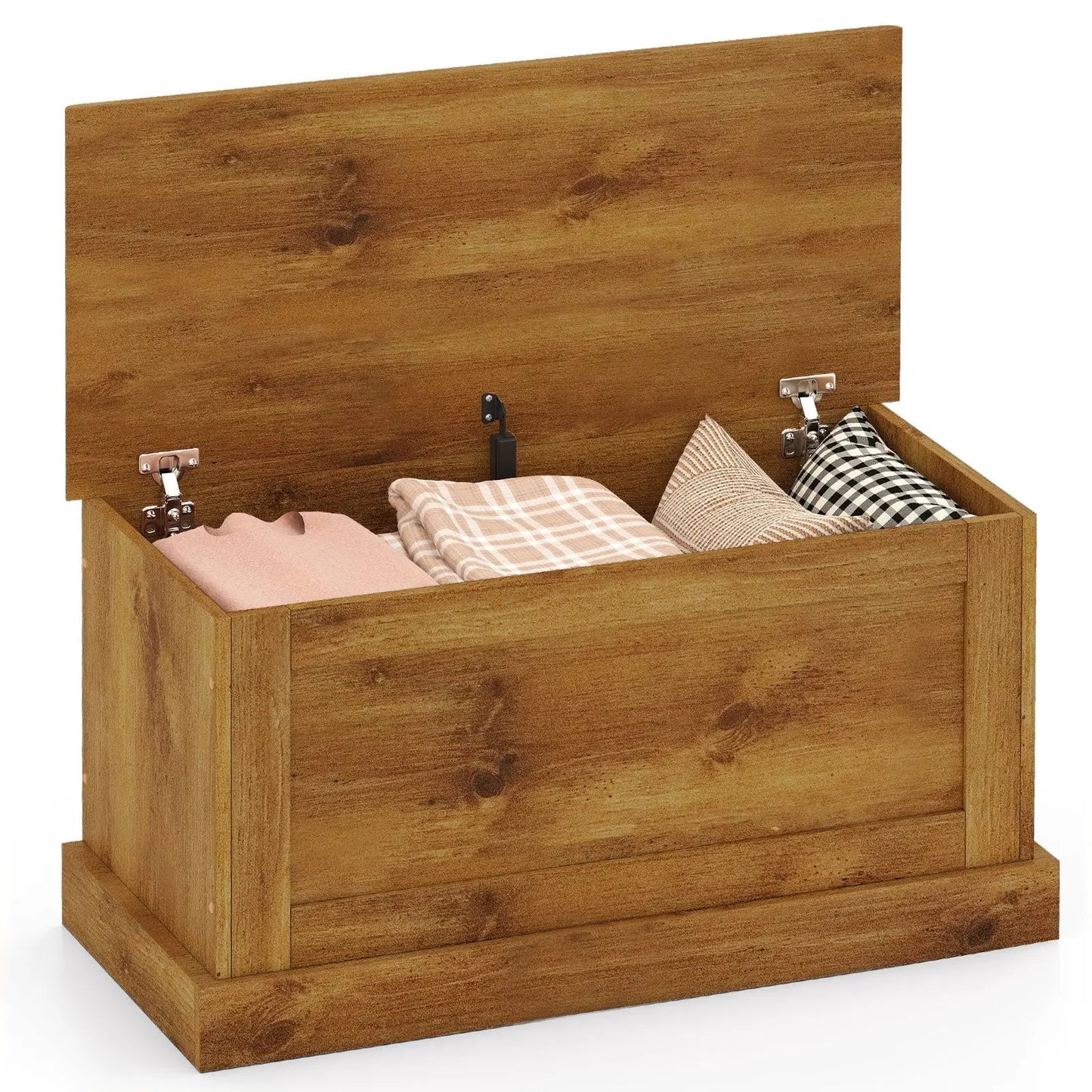 Large wooden toy chest with safety metal hinges, open lid showing folded blankets on Tampa Home & Garden Store