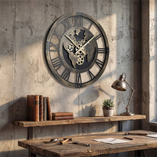 Gear wall clock 27-inch with world map gears, brown bronze metal frame DirectDeals on Tampa Home & Garden Store